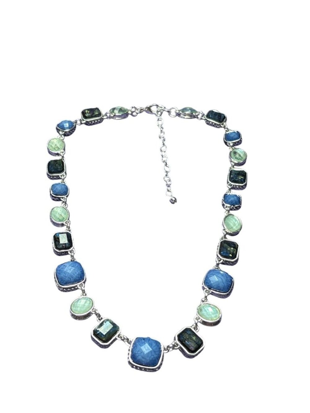 Silvertone Geometric Rhinestone Necklace Blues Greens Lobster Clasp 15 - 18 inch